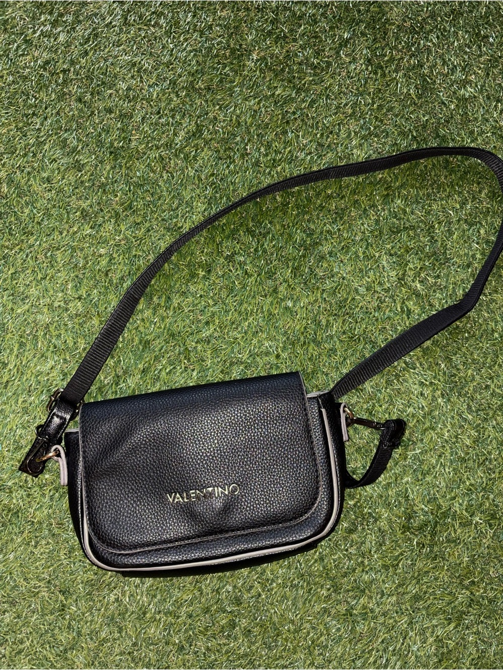Valentino Black Pebbled Leather Crossbody with Gold Logo